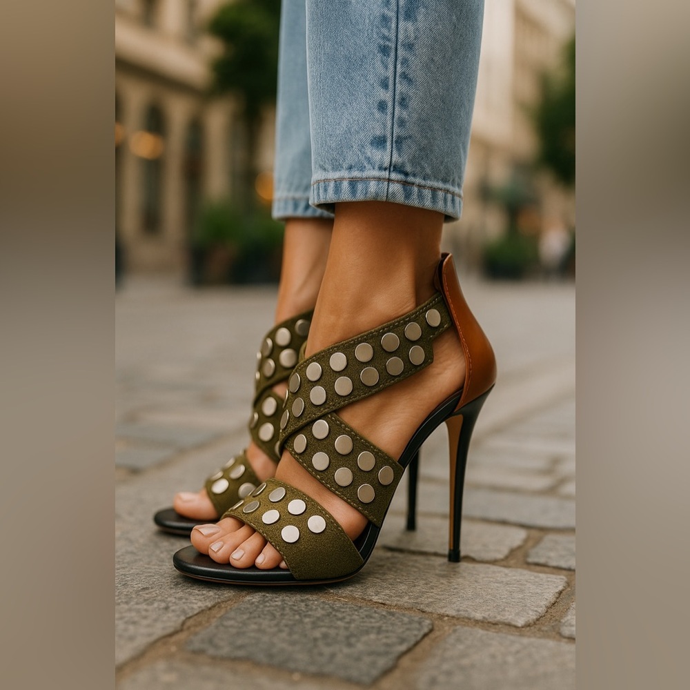 Giuseppe Zanotti Sandals Women size Euro 37 Fablic Olive and Brown Studded EUC